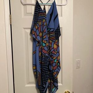 Fab’rik boutique Racerback asymmetrical hem blue multicolor dress size small